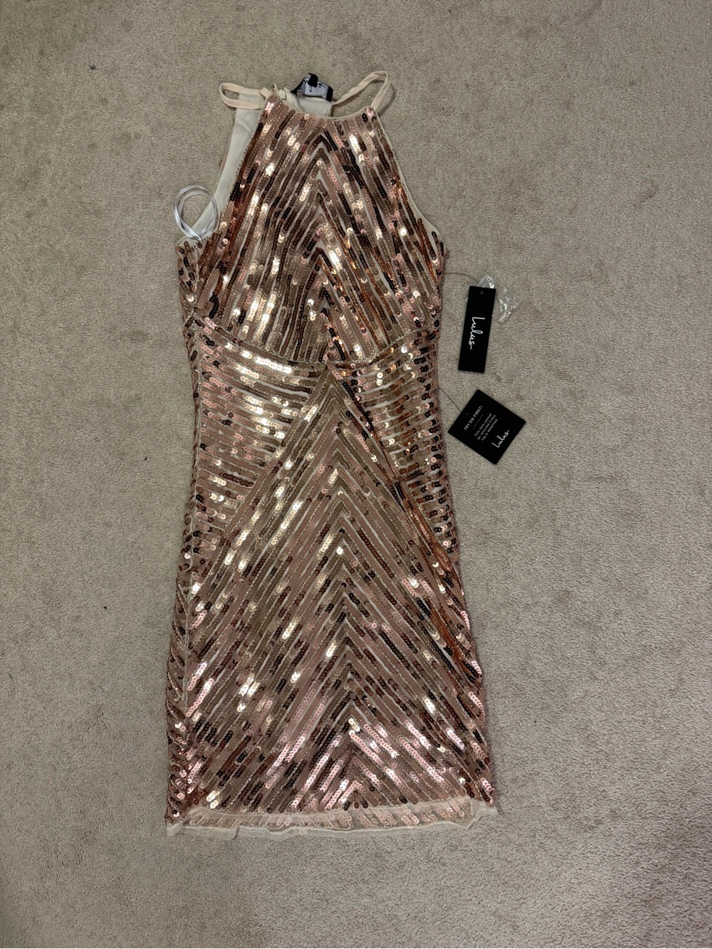 Lulus Gold Sequin Halter Sheath Dress